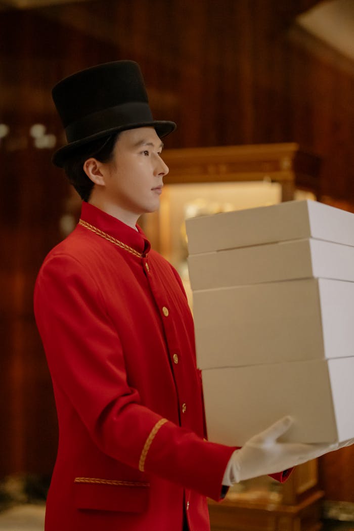A hotel bellboy carrying several boxes in a luxurious indoor setting, wearing a red uniform and top hat.